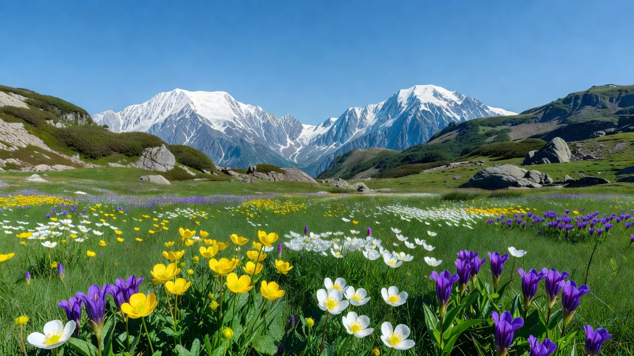 日本アルプスの高原に広がる緑の草原と山並みの風景