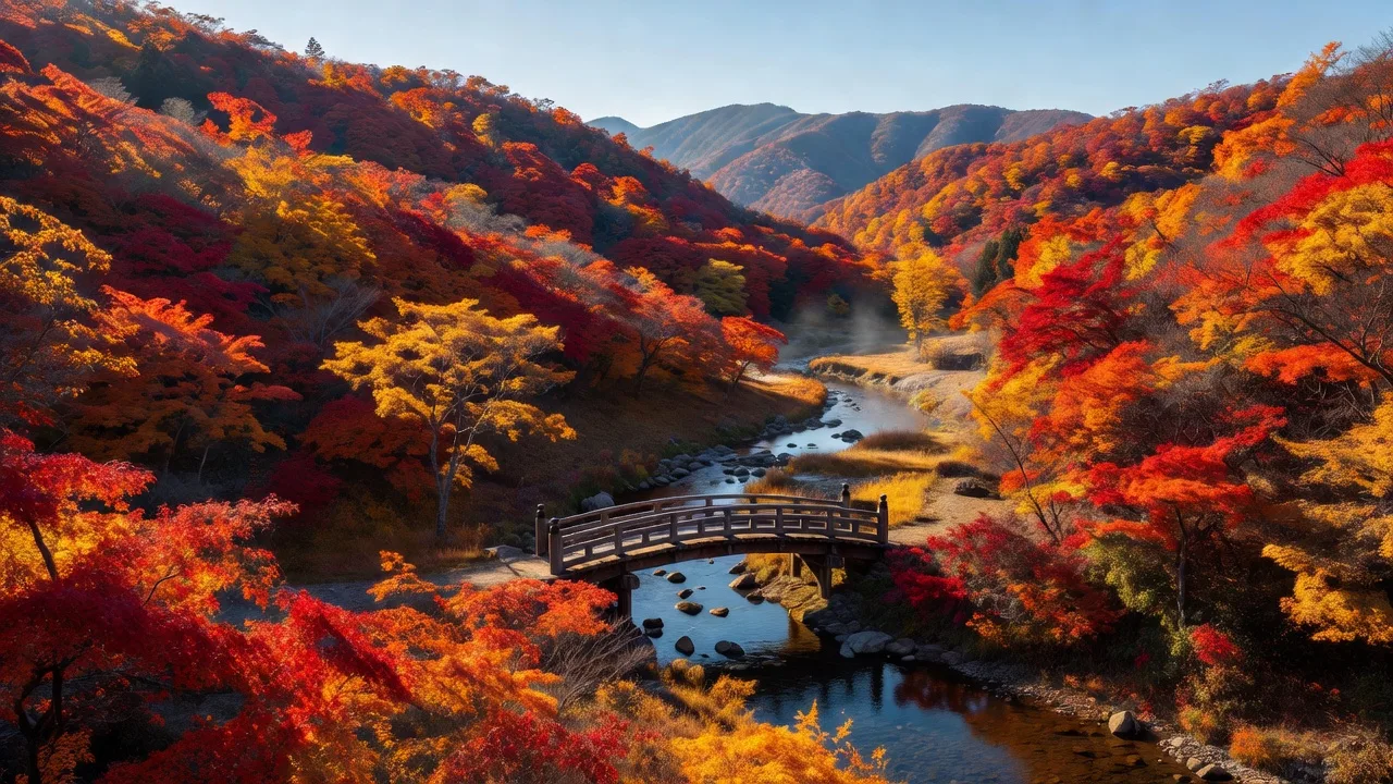 紅葉に彩られた山々と静かな渓谷の風景
