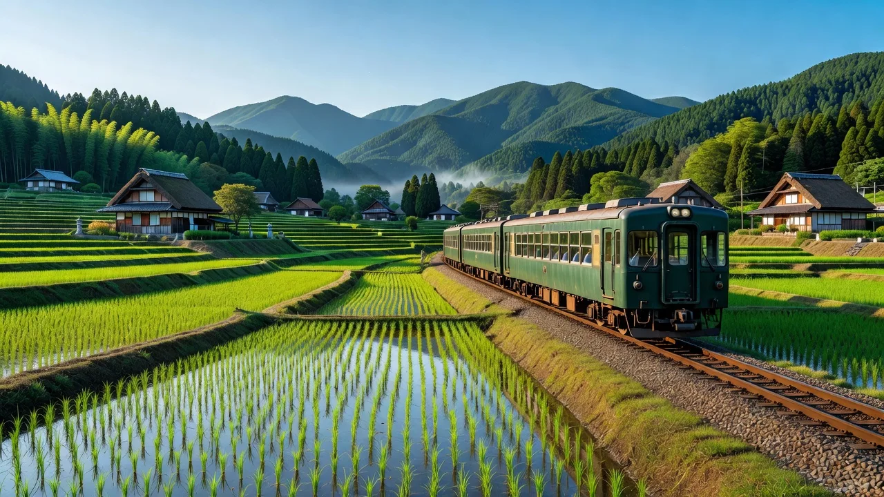 日本の田舎を走るローカル列車の車窓