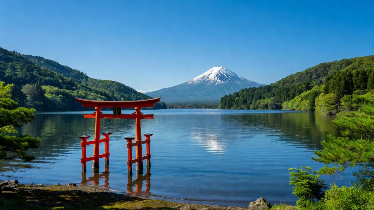 芦ノ湖越しに望む富士山と箱根の山並み