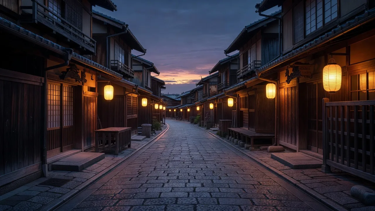 夕暮れ時の歴史ある町並み