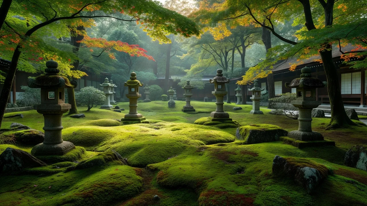 一面に苔が広がる京都の寺院の庭園