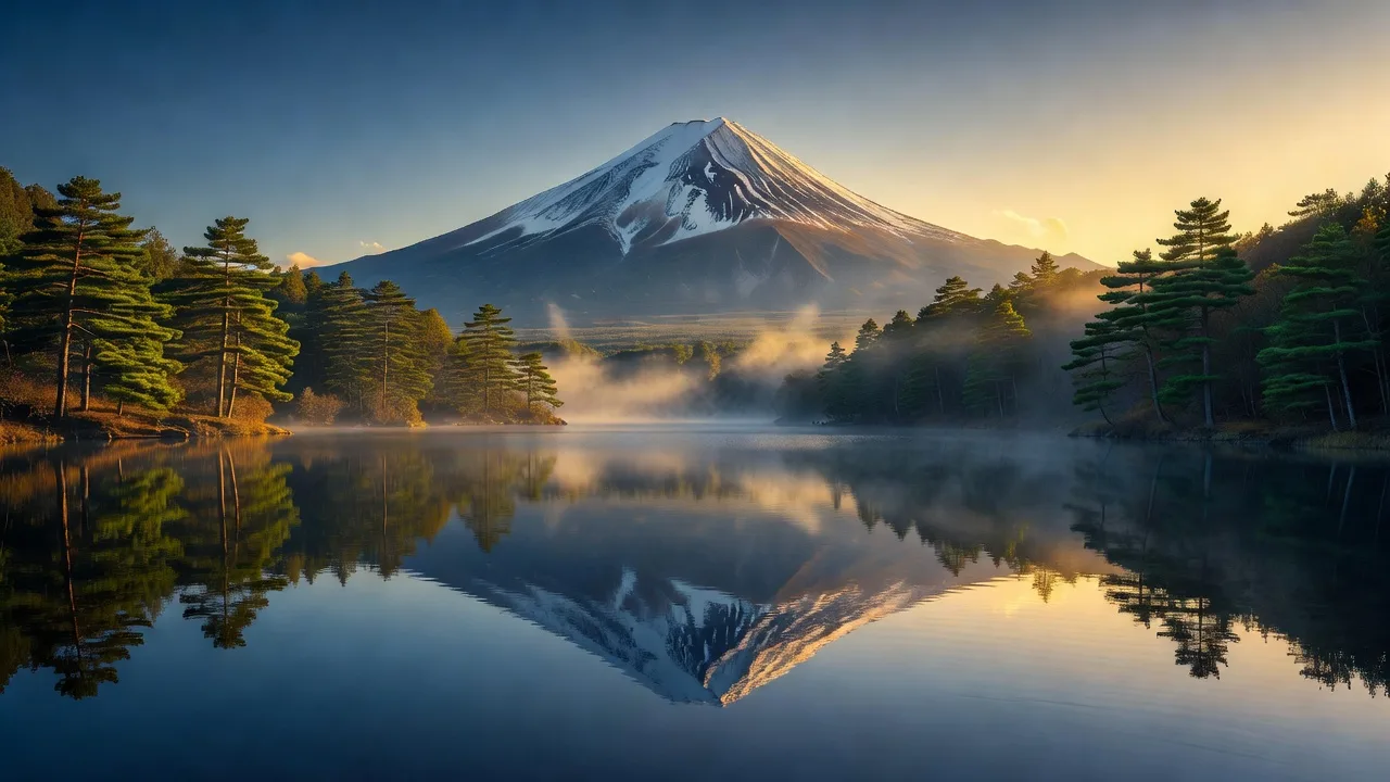 湖畔から見る朝日に照らされた富士山