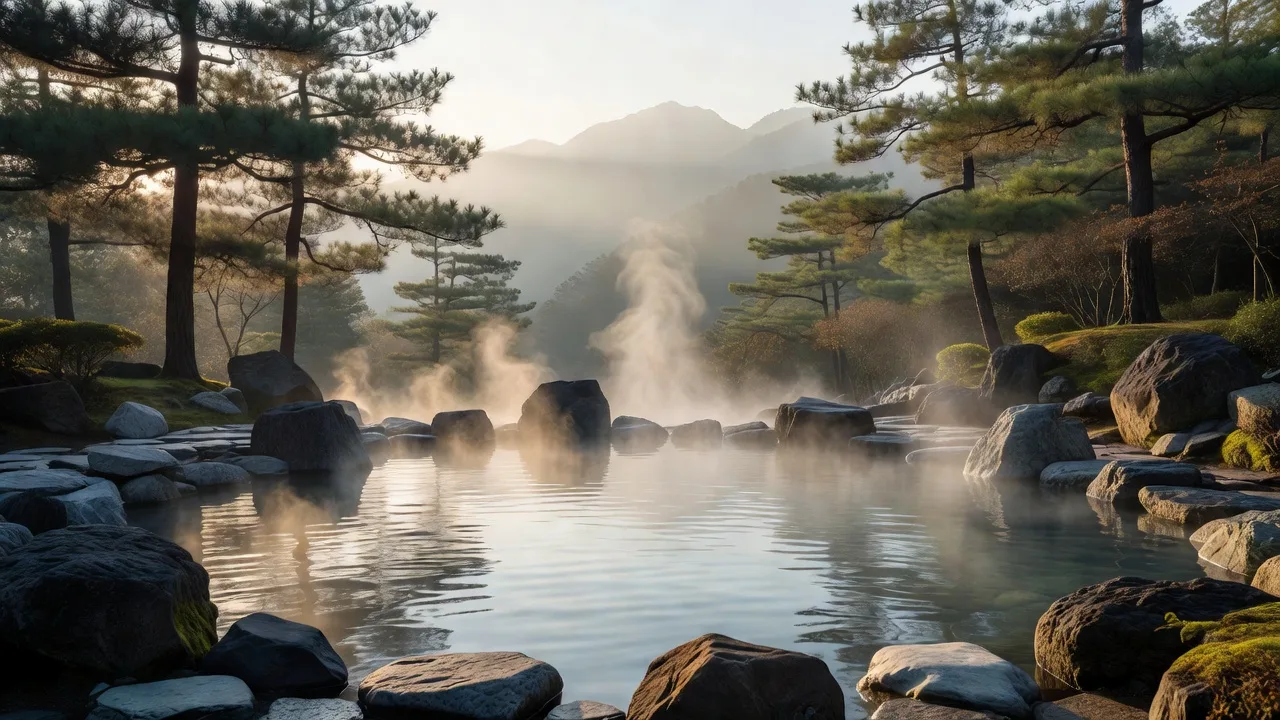 森の中に湯気が立つ温泉